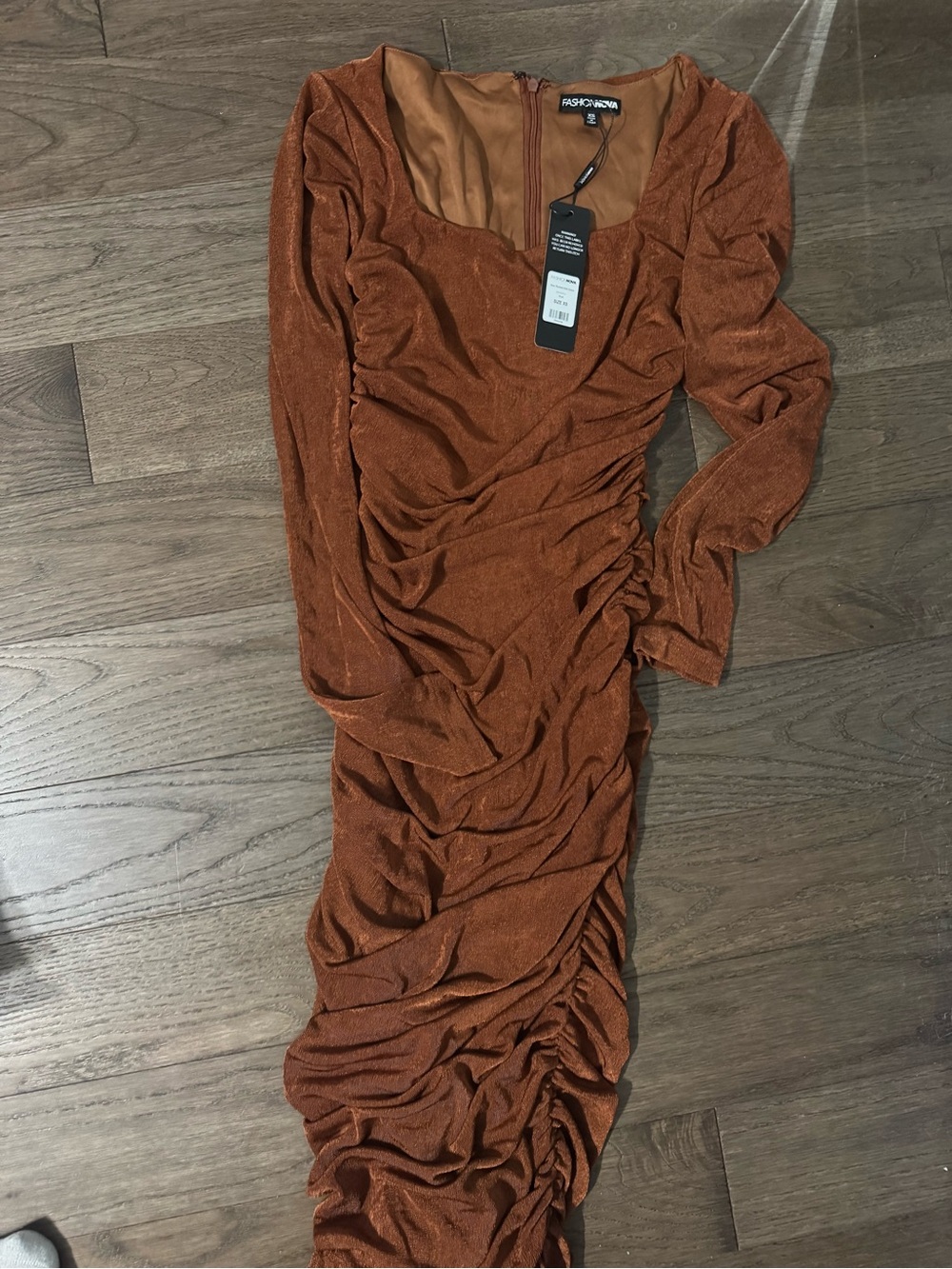 Fashion Nova Rust Long Sleeve Ruched Midi Dress
